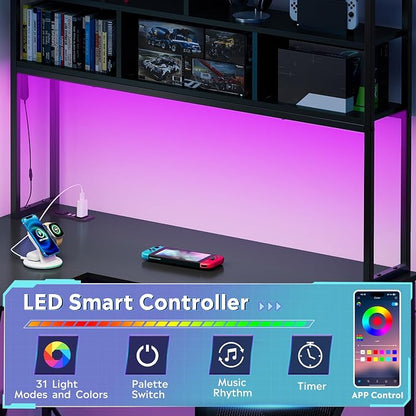 DEVAISE 66 Inch L Shaped Gaming Desk with Drawers and Storage, Corner Desk with LED Lights, Power Outlets, Computer Desk with Monitor Stand, Office Desk for Home, with Hutch, Black