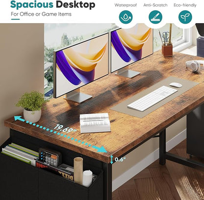 OLIXIS 55 Inch Computer Desk for Home Office, Writing Study Craft Gaming Table, Modern Computer Workstation with Storage Bag and Headphone Hook for Bedroom Small Spaces, Rustic Brown