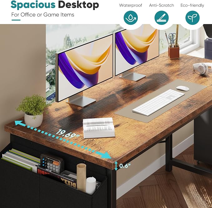 OLIXIS Computer Desk, 47 Inch Home Office Desks for Small Spaces, Writing Craft Study Gaming Table for Bedroom, Modern Computer Workstation with Storage Bag and Headphone Hook, Rustic Brown