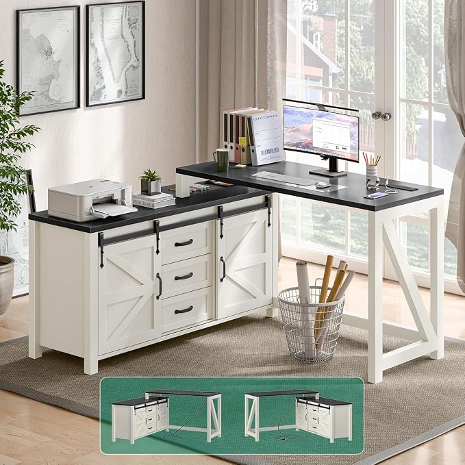 Executive L Shaped Office Desk with Drawers, Farmhouse Corner Desk for Home Office with Storage Cabinet, Computer Desk with Charging Station, Reversible Study Writing Table Workstation, Rustic White