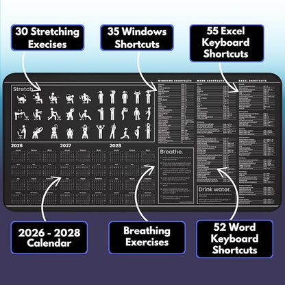 Productivity Desk Mat for Windows – Keyboard Shortcuts, Wellness Guide & 3-Year Calendar | XL Office Mouse Pad for Excel, Word & System Commands | Ergonomic Workspace Mat