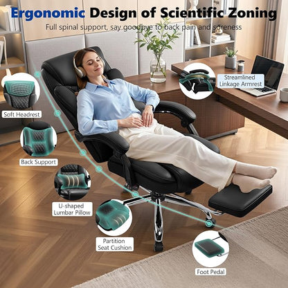 Big and Tall Office Chair 400lbs - Wide Memory Foam Seat with Lumbar Support, Reclining Executive Desk Chair with Footrest, Ergonomic Heavy Duty High Back Computer Chair, Black
