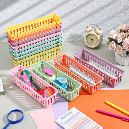 24Pack Small Pencil Basket, 10" x 3" Plastic Pencil Holder for Classroom, Slim Stackable Pencils Tray Storage for Office Desk and Elementary Teacher Organization Supplies (Colorful)