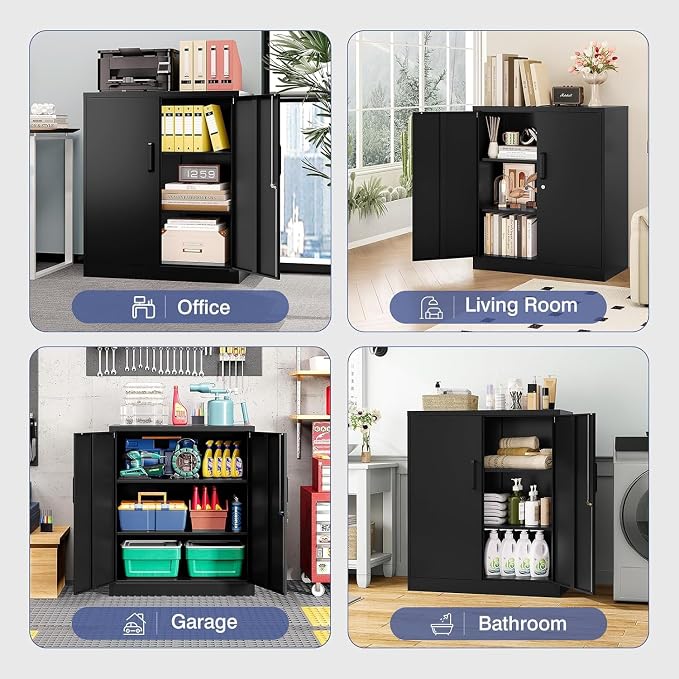 Metal Storage Cabinet, Garage Storage Cabinet with Locking Doors and Adjustable Shelves for Garage,Home,Office and School (Assembly Required，Black)