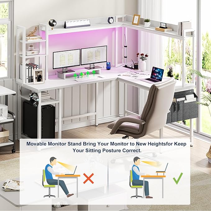 Aheaplus L Shaped Desk with Power Outlet, L Shaped Gaming Desk with Led Light & Hutch, Reversible Home Office Desk, Corner Computer Desk Writing Desk with Monitor Stand & Storage Shelves, White