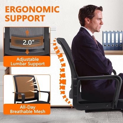 CLATINA Waiting Room Chairs with Armrests and Adjustable Lumbar Support, Breathable Mesh Back Desk Chair No Wheels, Office Guest Chairs & Reception Chair for Conference Room, Black, 2PK