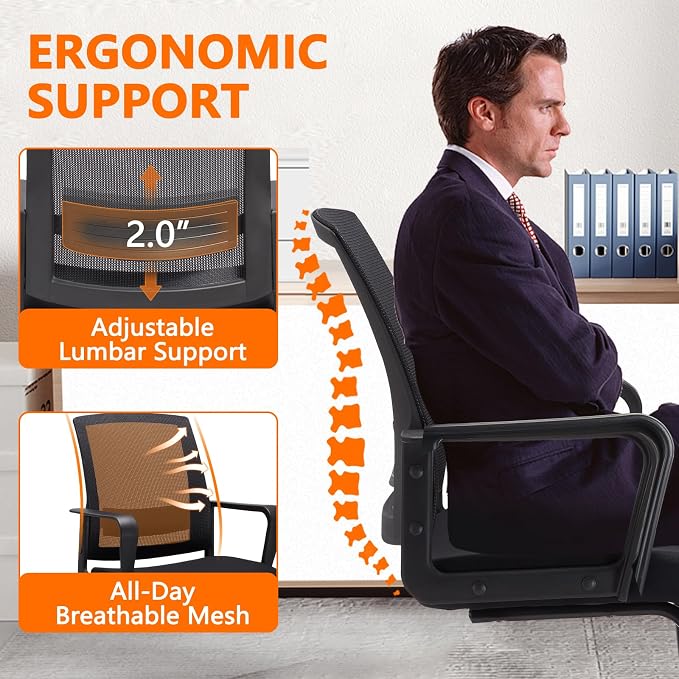 CLATINA Waiting Room Chairs with Armrests and Adjustable Lumbar Support, Breathable Mesh Back Desk Chair No Wheels, Office Guest Chairs & Reception Chair for Conference Room, Black