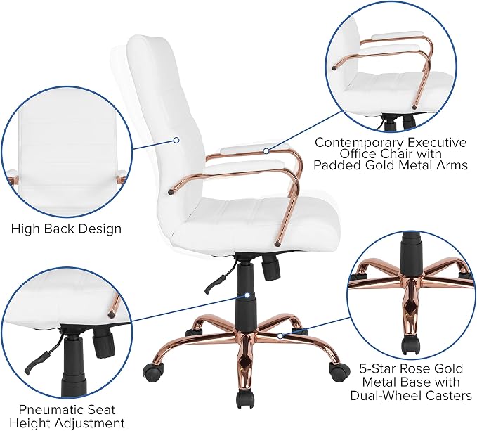Merrick Lane Milano Contemporary High-Back White Faux Leather Home Office Chair with Padded Rose Gold Arms