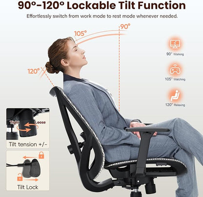 Ergonomic Office Chair, Mesh Computer Desk Chairs with Adjustable Lumbar Support, 3D Armrest, Tilt Function, Comfy Wide Seat, Executive Work Task Chair for Company & Home, Gaming Chair (Grey)