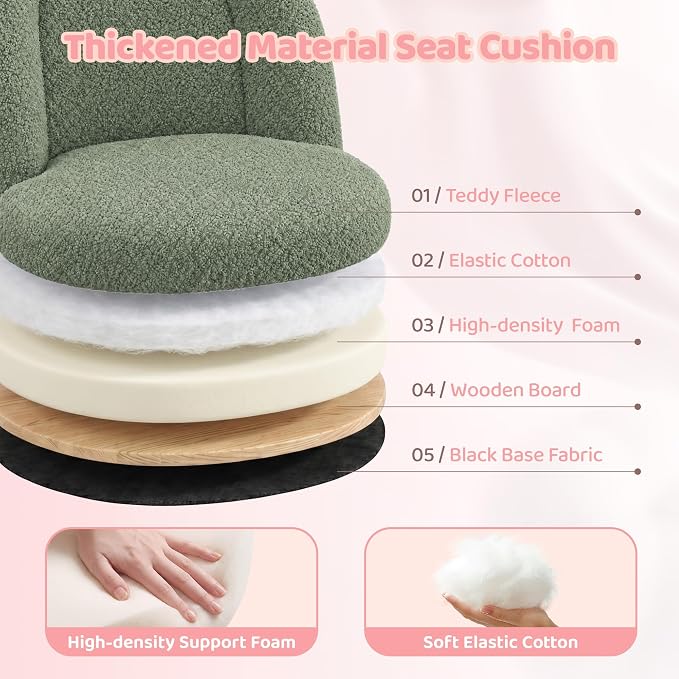 DurayLoly Armless Vanity Chair with Wheels, Ultra-Soft Teddy Fleece, Adjustable Height & 360°Swivel, Rolling Desk Chair for Bedroom, Dorm & Vanity Table, Ideal for Teens & Adults, Sage Green
