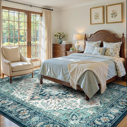 Lofus 8x10 Washable Rugs Non-Slip, Vintage Floral Area Rug for Living Room Bedroom Dining Room Kitchen, Low Pile Distress Print Medallion Carpet Home Decor Rug, Floral Green Beige