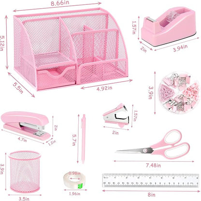 Pink Office Desk Accessories Supplies, 12pcs Desk Organizers and Accessories with Tape dispenser and Stapler,Staples,Staple Remover,Pen Holder,Scissor,Ruler,Sticky Tabs,Tape,Ballpoint Pen,Clips Set