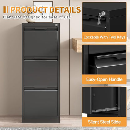 3-Drawer Metal File Cabinet with Lock,Steel Printer Stand with Storage for Home Office,Vertical Filing Cabinet for Legal/Letter/A4 Files,Assembly Required