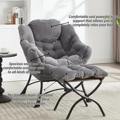 Modern Lazy Chair with Ergonomic Ottoman, Comfortable Lounge Chair with Footrest for Space Saving, Comfy Reading Armchair for Living Room, Bedroom, Office, Grey