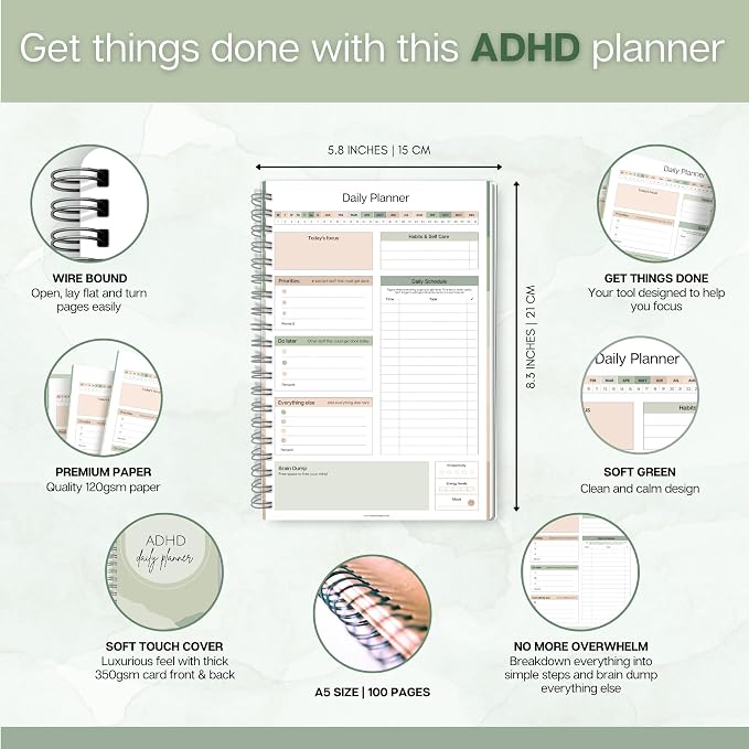 ADHD Daily Planner for Neurodivergent Adults - Productivity Daily Planner & Task Management to Stay Organized and Focused (Green)