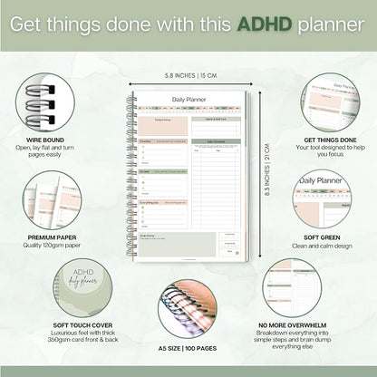 ADHD Daily Planner for Neurodivergent Adults - Productivity Daily Planner & Task Management to Stay Organized and Focused (Green)