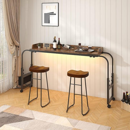 Winkalon Overbed Table with Wheels and Height Adjustable, Queen/Full Size Bed Table with Outlets & USB Ports, Mobile Laptop Cart Computer Desk with LED Light for Home Office (Rustic Brown)