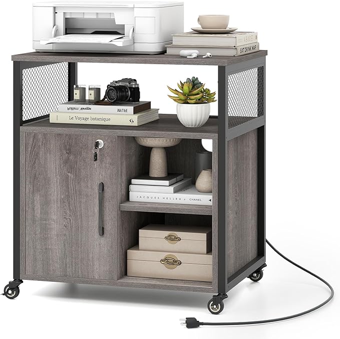 Giantex File Cabinet, Lateral Filing Cabinet with Lock, Wheels, Charging Station, Cable Hole, Lockable Side Cabinet, Adjustable Shelves, Metal Frame, Printer Stand for Home Office Small Space (Grey)