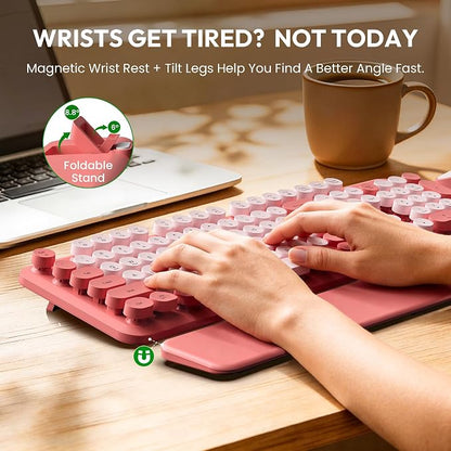 Wireless Keyboard and Mouse Combo, Typewriter Keyboard with Magnetic Wrist Rest, Full-Size Cute Round Keycaps, Sleep Mode, 2.4G Keyboards for Mac/Windows/PC, Office or Home, Trueque CK23Pro