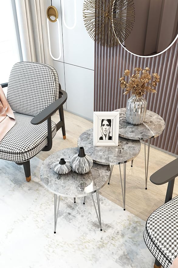 Set of 3 High Gloss Gray Marble Silver Legs Nesting End Tables Round Wood Stacking Coffee Side Accent Table with Metal Legs for Living Room, Home Office, Nightstands for Bedroom