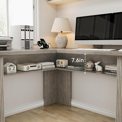 Farmhouse L Shaped Executive Desk with 4 Drawers, Home Office Desk with Hidden Under-Desk Storage Shelf and Charging Station, File Cabinet Storage, Wood Corner Computer Desk for Work and Study(Grey)