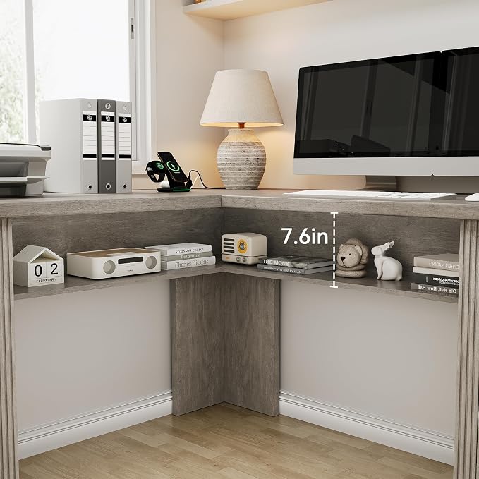 Jocoevol Farmhouse L Shaped Executive Desk with 4 Drawers and Charging Station, Wood Corner Home Office Computer Desk with File Cabinet Storage, Hidden Under Desk Storage Shelf, Headphone Hook - Grey