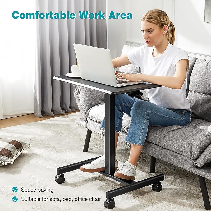 DUMOS Mobile Rolling Desk with Wheels Adjustable Height Small Standing Desks Portable Laptop PC Table Computer Workstation for Home Office Small Space Black
