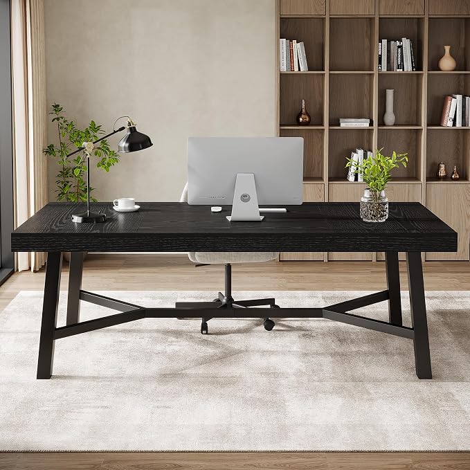 Tribesigns 71-Inch Executive Desk, Farmhouse Office Computer Desk with Sturdy Leg Structure, Rectangular Writing Table Business Furniture for Home Office, Black