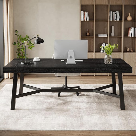 Tribesigns 71-Inch Executive Desk, Farmhouse Office Computer Desk with Sturdy Leg Structure, Rectangular Writing Table Business Furniture for Home Office, Black
