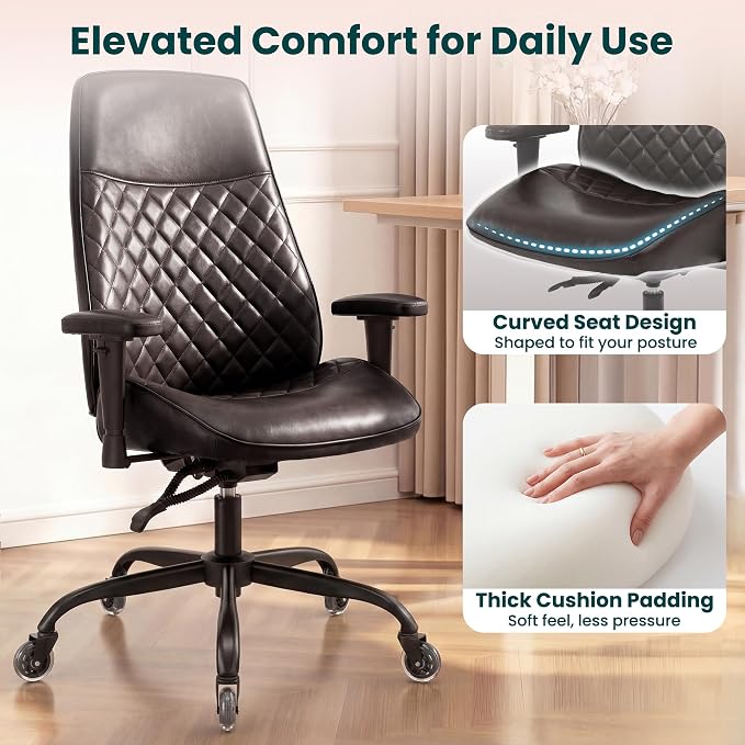NEO CHAIR Ergonomic Leather Office Desk Chair with Adjustable Height Armrests High Back Lumbar Support Swivel Executive Computer Chair with Wheels Comfy Home Office Chair for Adults (Dark Brown)