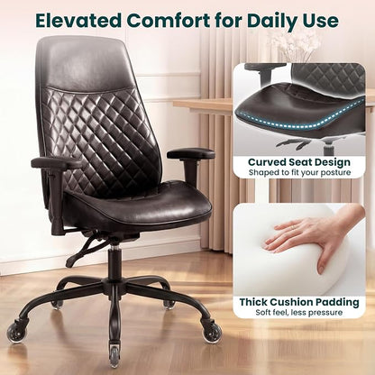 NEO CHAIR Ergonomic Leather Office Desk Chair with Adjustable Height Armrests High Back Lumbar Support Swivel Executive Computer Chair with Wheels Comfy Home Office Chair for Adults (Dark Brown)