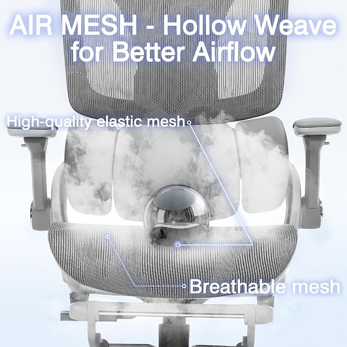 Ergonomic Mesh Office Chair with Footrest, High Back Desk Chair with 4D Armrests, 3-Zone Dynamic Lumbar Support, Ergonomic Office Chair with Wheels (Silver Gray)