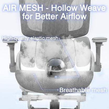 Ergonomic Mesh Office Chair with Footrest, High Back Desk Chair with 4D Armrests, 3-Zone Dynamic Lumbar Support, Ergonomic Office Chair with Wheels (Silver Gray)