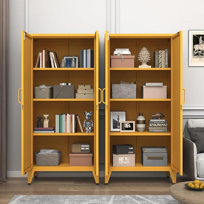 61" Metal Pantry Cabinet with Lock and 3-Tier Adjustable Shelves, Freestanding Heavy Duty Storage Cabinet Locker for Kitchen, Home Office, Garage Yellow