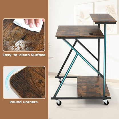 Giantex Rolling Computer Desk with Charging Station, Mobile Portable Laptop Desk with Monitor Stand & Storage Shelf, Small Desk with Lockable Wheels for Small Spaces, Home Office (Rustic Brown)