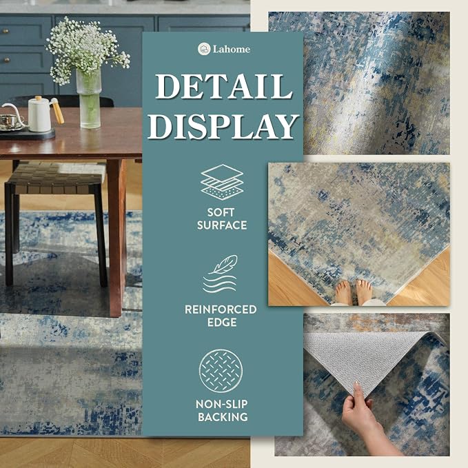 Lahome Modern Abstract Area Rug 4x6, Washable Living Room Rug for Bedroom Entryway Non Slip, Soft Contemporary Indoor Floor Throw Carpet for Apartment Playroom Home Office, Blue