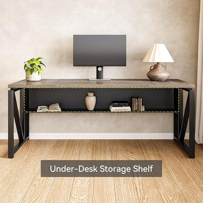 LITTLE TREE 63-Inch Executive Office Desk, Large Computer Desk with Storage Shelf, Executive Desk with Metal Frame, Study Writing Desk Work Station for Home Office, Grey + Black