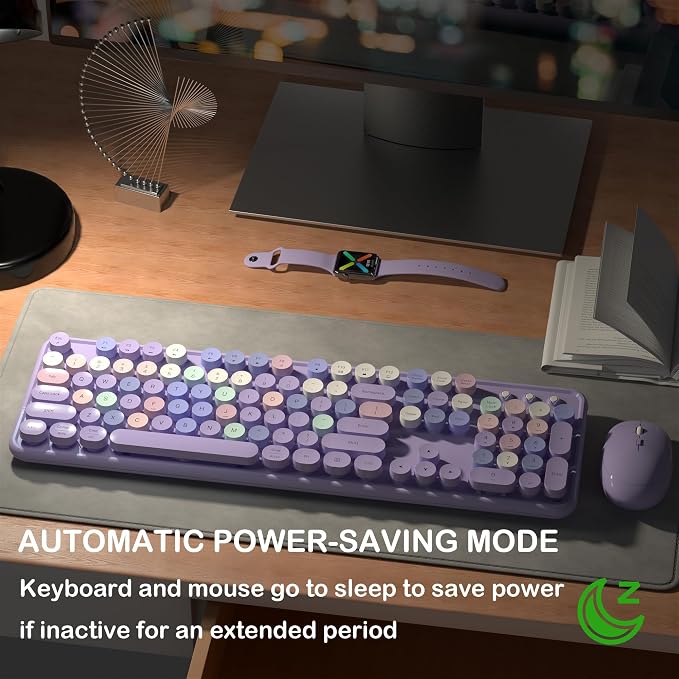 Links9+ Wireless Keyboard and Mouse, Full-Size Retro Typewriter Keyboard with Round Keycaps, 2.4GHz for Windows, Mac, Laptop, PC, Desktop (Purple Colorful)
