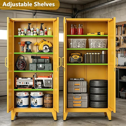 61" Metal Pantry Cabinet with Lock and 3-Tier Adjustable Shelves, Freestanding Heavy Duty Storage Cabinet Locker for Kitchen, Home Office, Garage Yellow