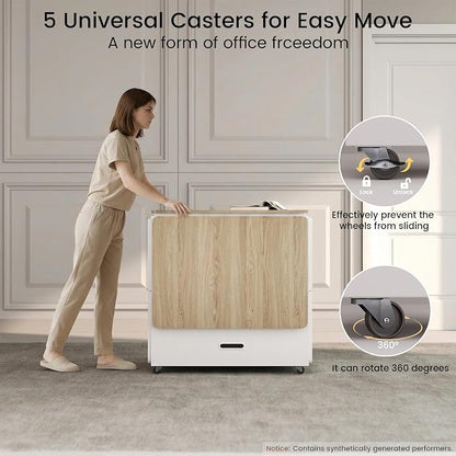 ModernMate 3-in-1 Folding Desk & File Cabinet, Fluted Multi-Storage Workspace with 4 Drawers, Lockable Wheels | Power Outlet | Fits A4/Letter Files, Space-Saving for Small Home Office, Light Walnut
