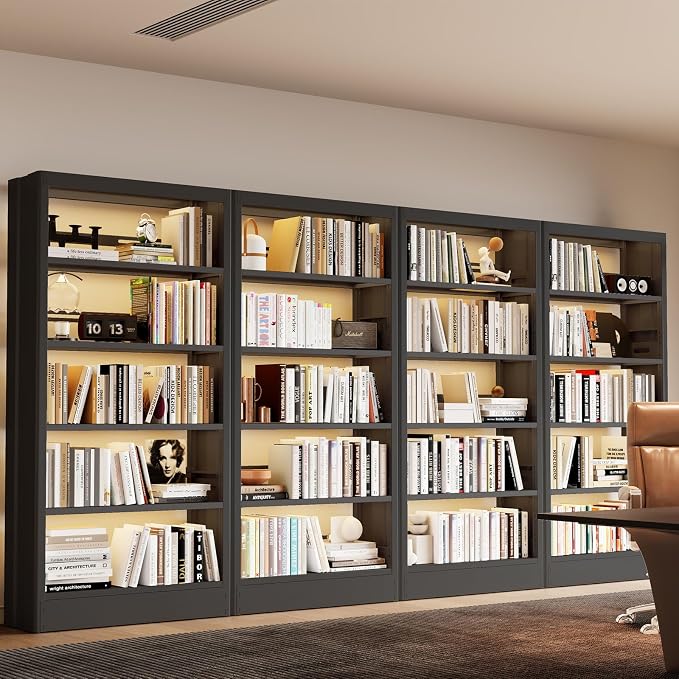 71"H Metal Bookshelf, 5 Tier Bookcase with Adjustable Shelves, Tall Bookcase,Heavy Duty Storage Bookshelves for Library, Office, Bedroom, Living Room, Classroom, Including Book Stopper (Black) | Bookcase
