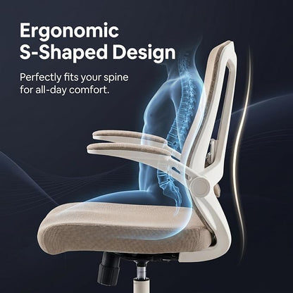 Ergonomic Office Chair with Adjustable Lumbar Support & Flip-Up Armrests - High Back Computer Desk Chair with Thickened Seat Cushion, Rolling Wheels for Home/Office Study Work (08khaki)