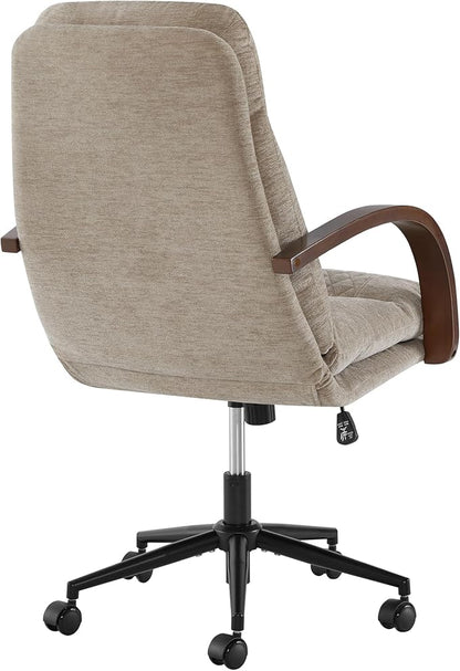 KISLOT Home Office Desk Chair, Ergonomic Office Chair with Lumbar Support, Adjustable Swivel Computer Chair with Wheels, Fabric Executive Task Chair with Wood Arms, Khaki