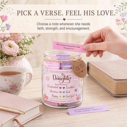 Bible Verses Jar for Daughter – Daughter Gifts From Mom, Graduation Gifts for Daughters, 92 Bible Verses Folded by hand, Christian Gift for Women