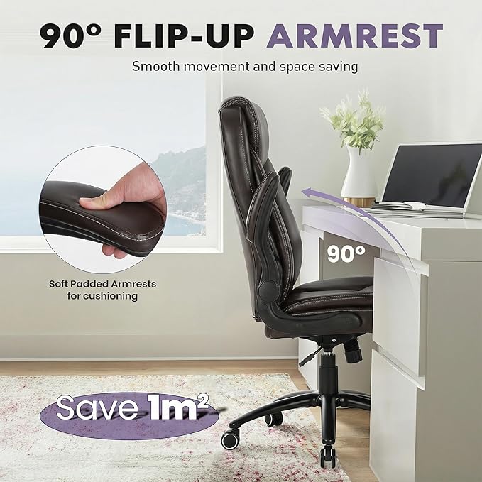 400lbs Capacity Executive Desk Chair with Ergonomic Lumbar Support, Flip-up Arms & High Back Leather Computer Chair for Home/Office, Brown