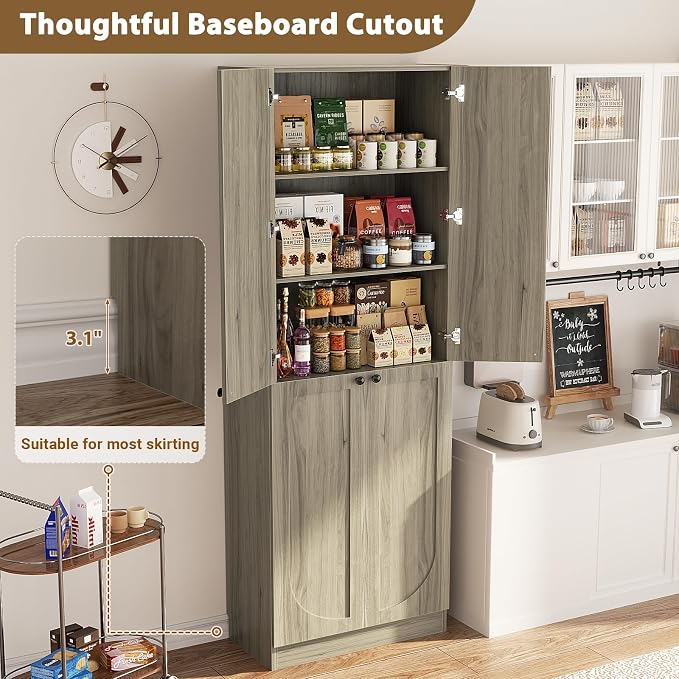 Cyclysio Storage Cabinet Set of 2, 80" Tall Arched Bookcase with 4 Soft Close Doors, 12-Tier Wooden 2 Set Pantry with Adjustable Shelves, Seamless Fit Wall for Home Office, Living Room, Kitchen