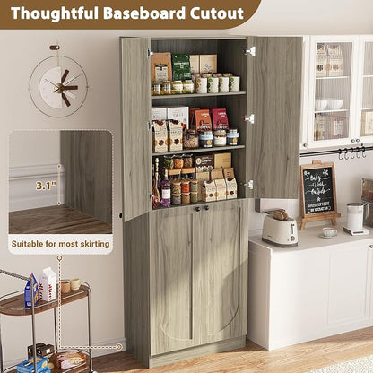 Cyclysio 80" Storage Cabinet, Tall Arched Bookcase with 4 Soft Close Doors, 6-Tier Wooden Pantry with Adjustable Shelves, Seamless Fit Wall for Home Office, Living Room, Kitchen (Ash Grey)