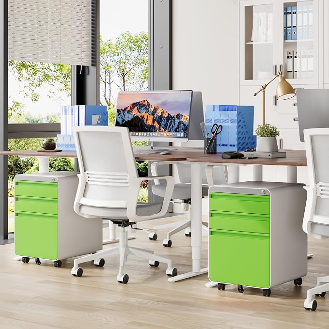 Dripex 3 Drawer Green File Cabinet, Mobile Under Desk Storage File Cabinet with Lock on Wheels, Letter/Legal Size, Fully Assembled, Small Short Vertical Metal Rolling Filing Cabinets for Home Office