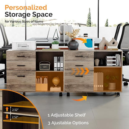 VINGLI 3 Drawer Wood Lateral File Cabinet with Adjustable Shelves & Locking Wheels, Printer Stand with Drawers for Letter Files, Sturdy File Cabinets for Home Office, Study & Business, Rustic Gray