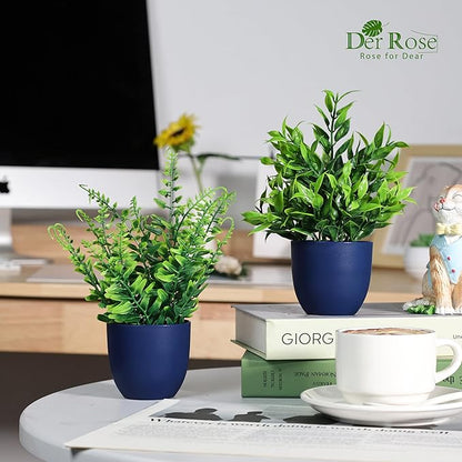 Der Rose 4 Pack Fake Plants Small Artificial Plants for Blue Bathroom Decor | Modern faux plants indoor, suit home kitchen table and bathroom decor accessories, easy-care greenery makes a nice gift